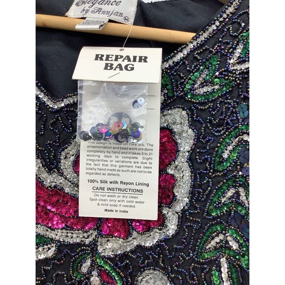 Vintage 80s Elegance by Anujan Black Silk Sequin Floral Blouse Medium NEW - Picture 5 of 7